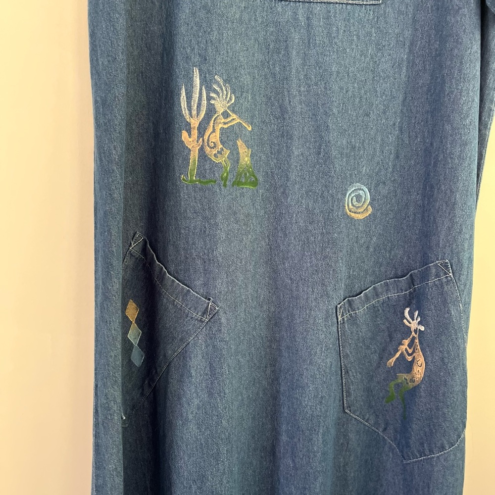 Cactus California Vintage Denim Dress Hand- Painted Kokopelli & Cactus Sz Large - Picture 14 of 16